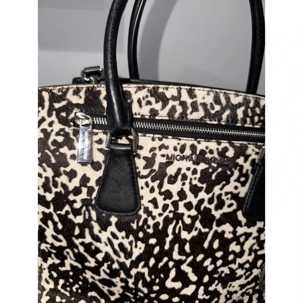 Michael Kors Sophie Large Satchel Bag Black Leather with Calf Hair Black White 1